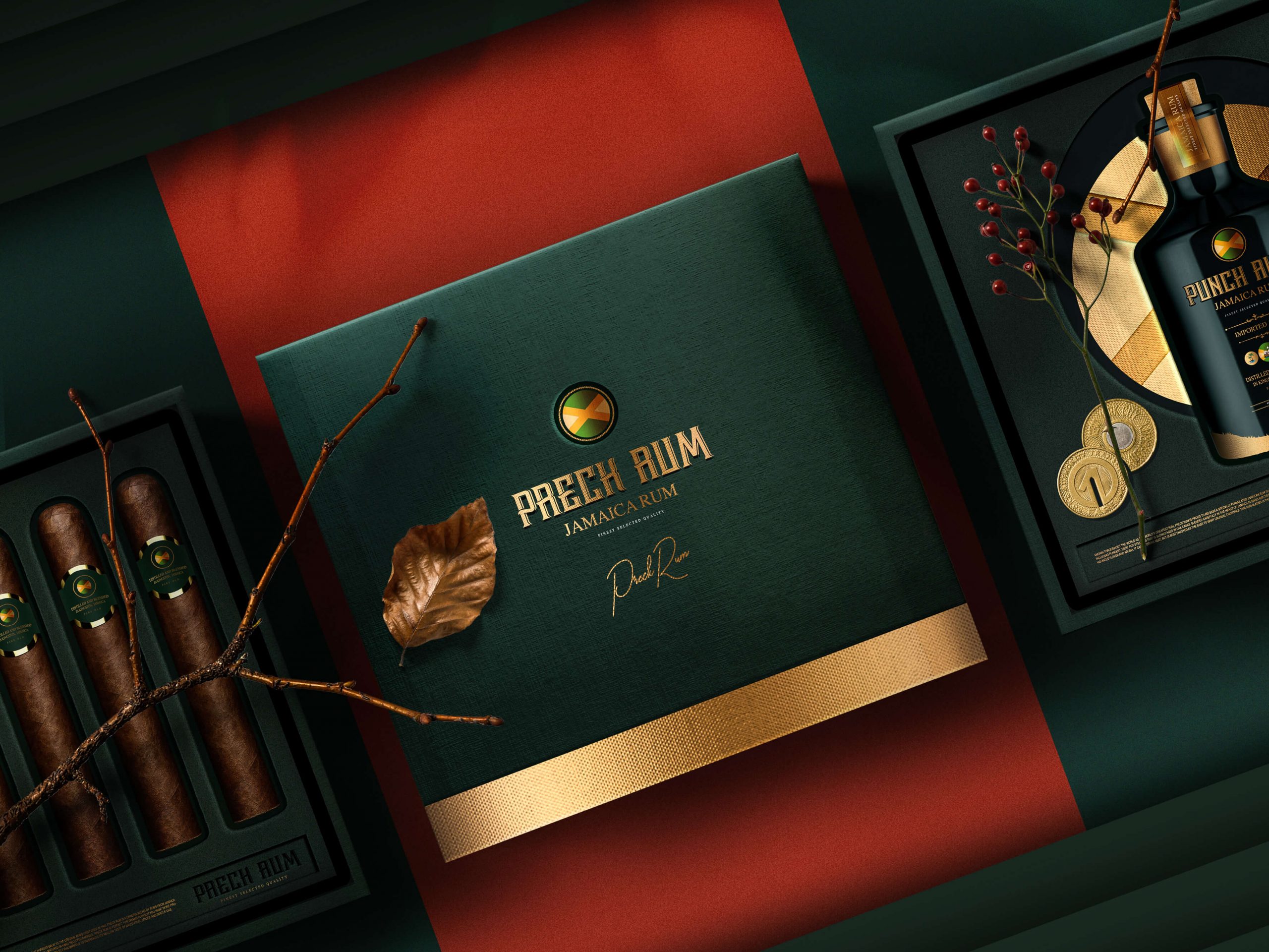 The packaging design for Preach Rum was carefully crafted to reflect the brand's Jamaican roots while also conveying a sense of sophistication and luxury. I chose to use a dark green color scheme combined with gold accents, which not only complement each other nicely but also give the design a regal and timeless feel. As Preach Rum is based in London, it was important to create a design that would appeal to a discerning audience. Additionally, I created two unique gift packages - one featuring only Preach Rum, and another that includes a cigar along with the Preach Rum. Both gift packages showcase the distinctive Preach Rum identity, making them ideal for anyone looking to indulge in a premium spirits experience. Overall, my packaging design for Preach Rum combines elegance and class to create a standout product that's sure to leave a lasting impression.