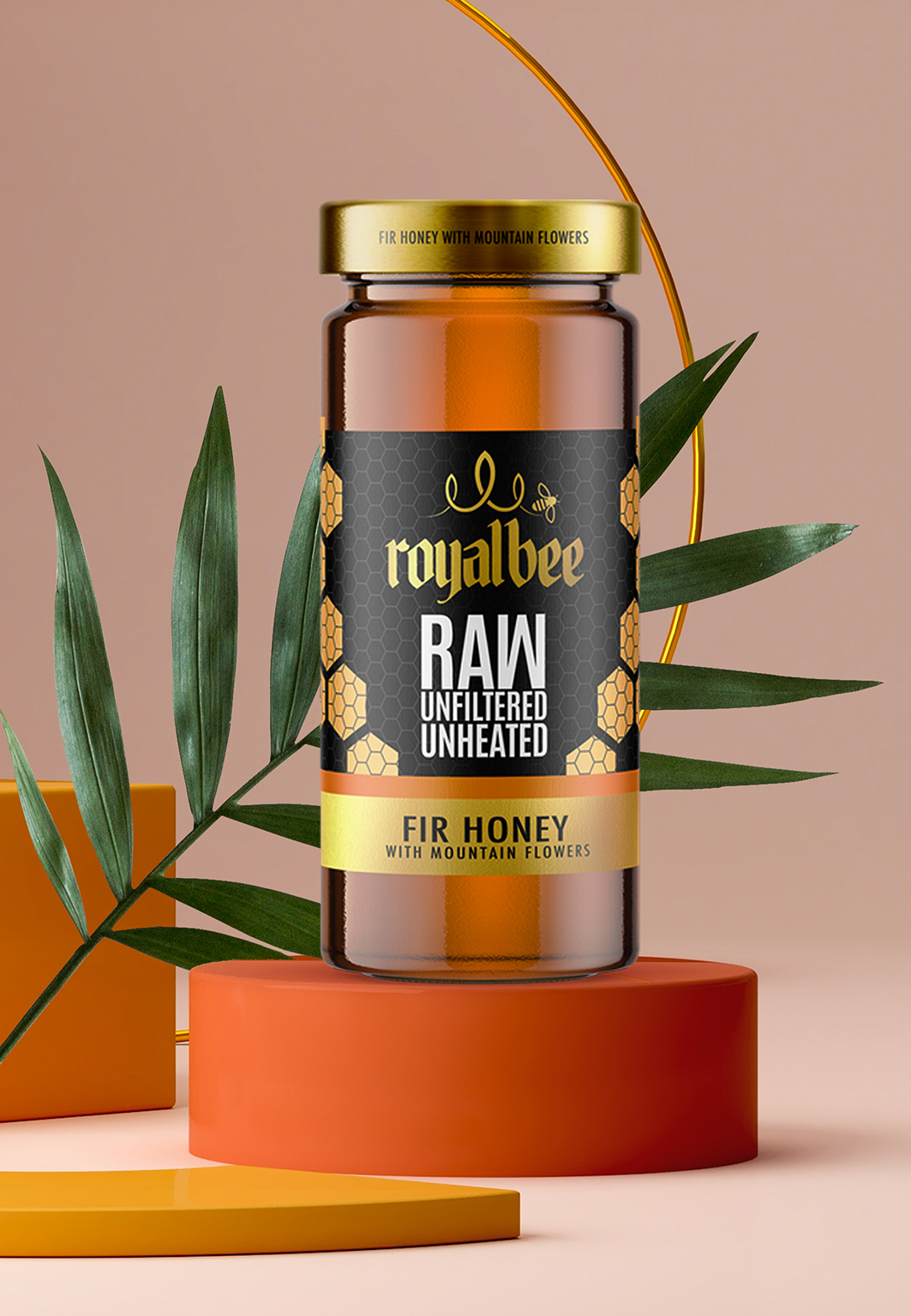 The packaging design for Royal Bee Honey by Green Fields in London was created with a color scheme that reflects the natural beauty of the product. The use of black, gold, white, and orange was chosen to complement the various honey colors. This design choice not only adds visual appeal, but it also communicates the premium quality of the product. Additionally, a gift box was created to showcase two different honey flavors and include a honey dripper, providing a complete and thoughtful experience for the customer. Overall, this packaging design captures the essence of the brand and the product it represents, effectively communicating its quality and value to potential buyers.