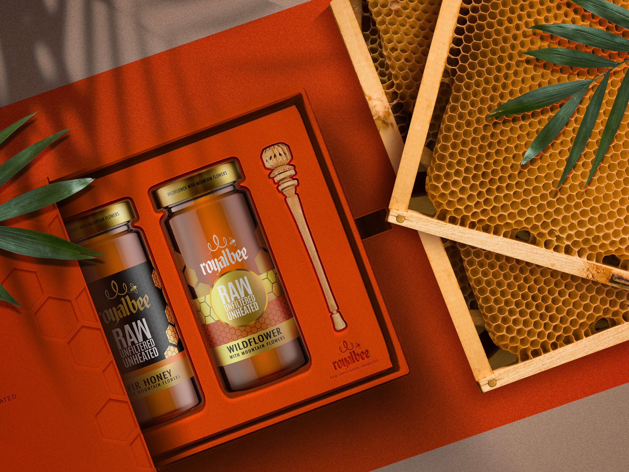 The packaging design for Royal Bee Honey by Green Fields in London was created with a color scheme that reflects the natural beauty of the product. The use of black, gold, white, and orange was chosen to complement the various honey colors. This design choice not only adds visual appeal, but it also communicates the premium quality of the product. Additionally, a gift box was created to showcase two different honey flavors and include a honey dripper, providing a complete and thoughtful experience for the customer. Overall, this packaging design captures the essence of the brand and the product it represents, effectively communicating its quality and value to potential buyers.